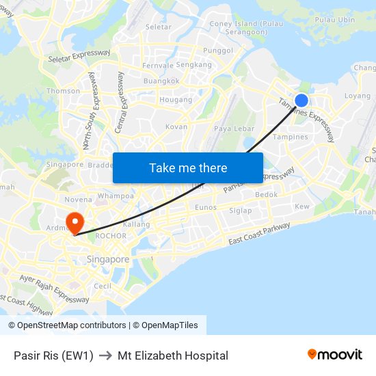 Pasir Ris (EW1) to Mt Elizabeth Hospital map