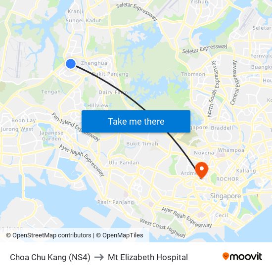 Choa Chu Kang (NS4) to Mt Elizabeth Hospital map