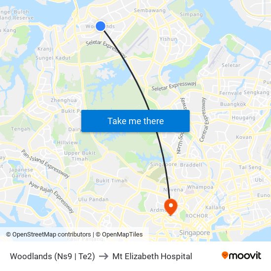 Woodlands (Ns9 | Te2) to Mt Elizabeth Hospital map