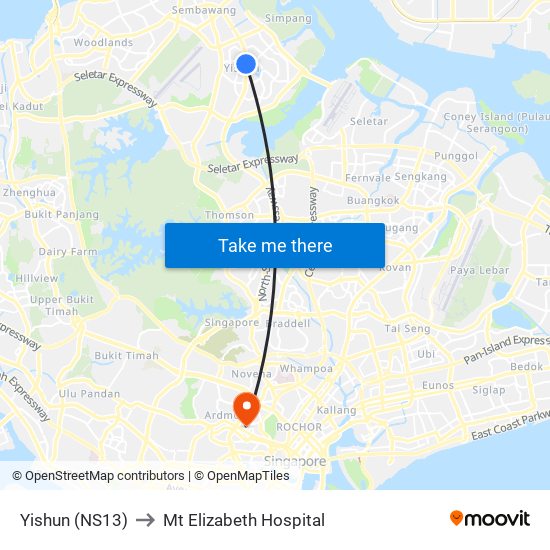 Yishun (NS13) to Mt Elizabeth Hospital map