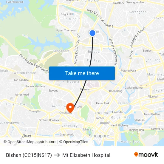 Bishan (CC15|NS17) to Mt Elizabeth Hospital map
