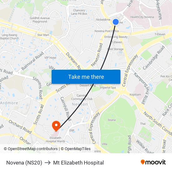 Novena (NS20) to Mt Elizabeth Hospital map