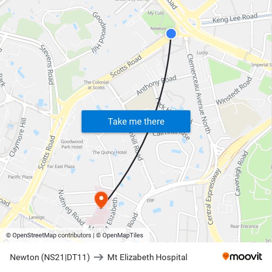 Newton (NS21|DT11) to Mt Elizabeth Hospital map