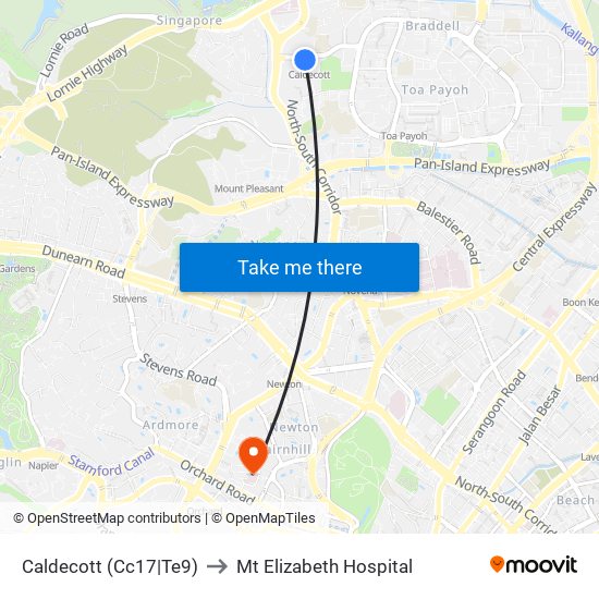 Caldecott (Cc17|Te9) to Mt Elizabeth Hospital map