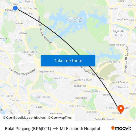 Bukit Panjang (BP6|DT1) to Mt Elizabeth Hospital map