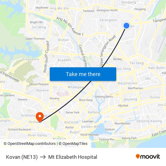 Kovan (NE13) to Mt Elizabeth Hospital map