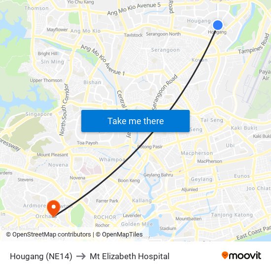 Hougang (NE14) to Mt Elizabeth Hospital map