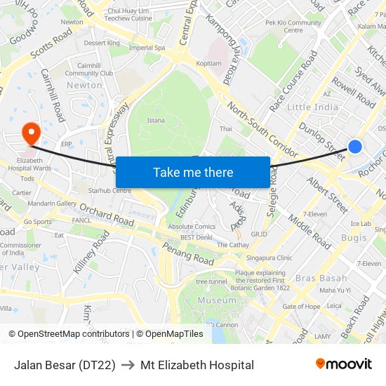 Jalan Besar (DT22) to Mt Elizabeth Hospital map