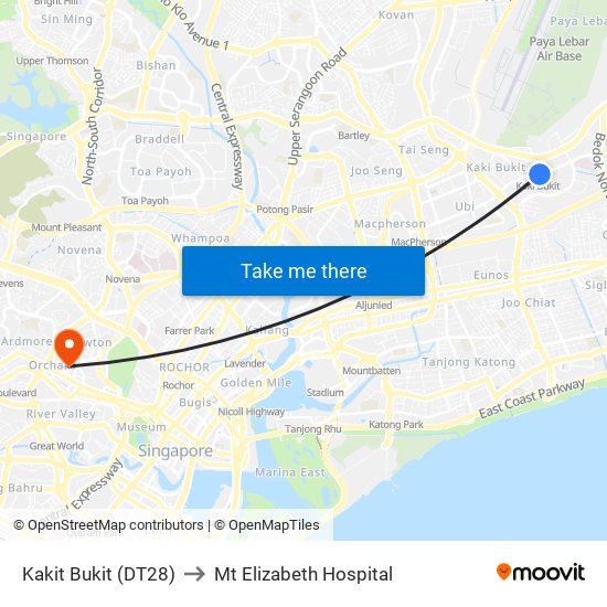 Kakit Bukit (DT28) to Mt Elizabeth Hospital map