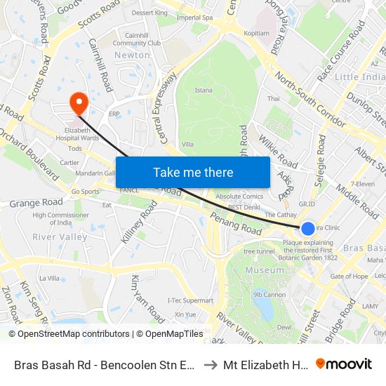 Bras Basah Rd - Bencoolen Stn Exit B (08069) to Mt Elizabeth Hospital map