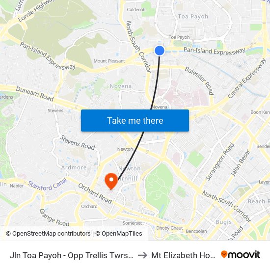 Jln Toa Payoh - Opp Trellis Twrs (52079) to Mt Elizabeth Hospital map