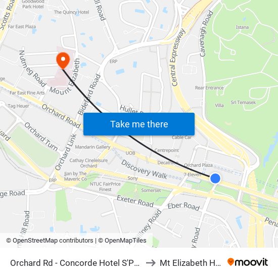 Orchard Rd - Concorde Hotel S'Pore (08138) to Mt Elizabeth Hospital map