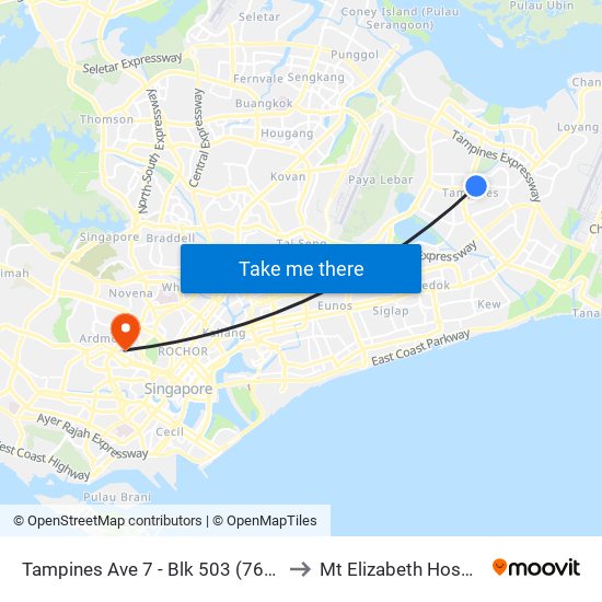 Tampines Ave 7 - Blk 503 (76199) to Mt Elizabeth Hospital map