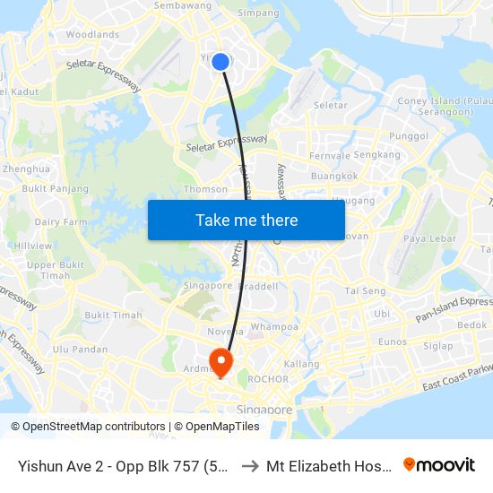 Yishun Ave 2 - Opp Blk 757 (59069) to Mt Elizabeth Hospital map