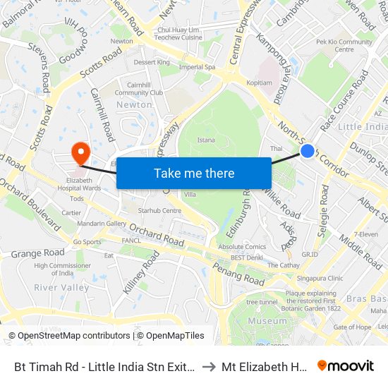 Bt Timah Rd - Little India Stn Exit A (40011) to Mt Elizabeth Hospital map