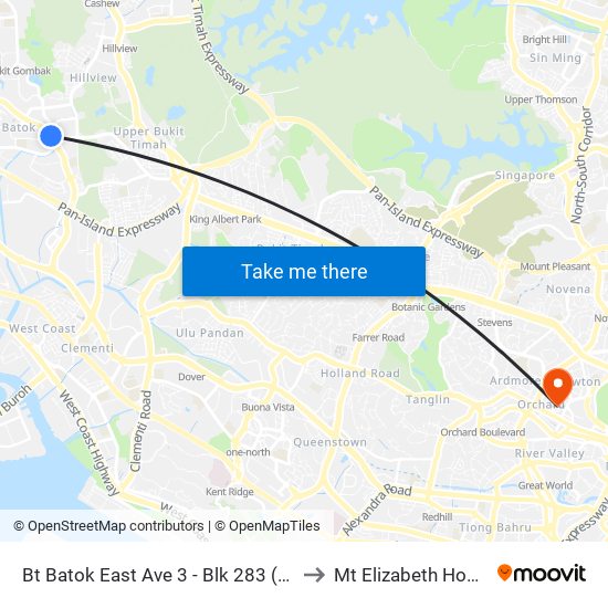 Bt Batok East Ave 3 - Blk 283 (43189) to Mt Elizabeth Hospital map