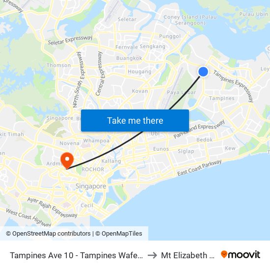 Tampines Ave 10 - Tampines Wafer Fab Pk (75351) to Mt Elizabeth Hospital map