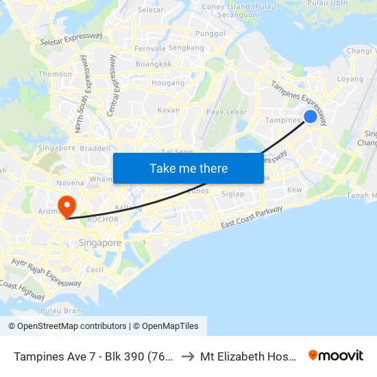 Tampines Ave 7 - Blk 390 (76239) to Mt Elizabeth Hospital map