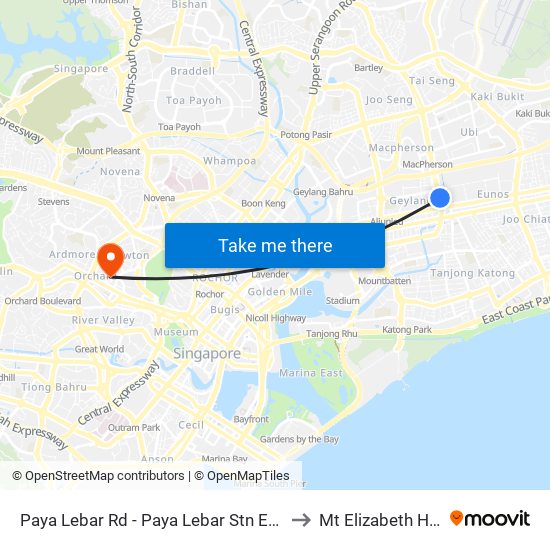 Paya Lebar Rd - Paya Lebar Stn Exit B (81111) to Mt Elizabeth Hospital map