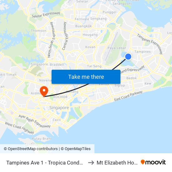 Tampines Ave 1 - Tropica Condo (75259) to Mt Elizabeth Hospital map