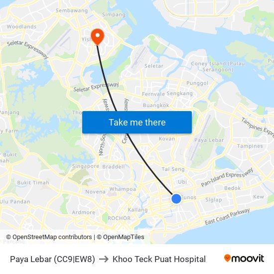 Paya Lebar (CC9|EW8) to Khoo Teck Puat Hospital map