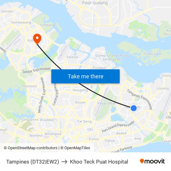 Tampines (DT32|EW2) to Khoo Teck Puat Hospital map