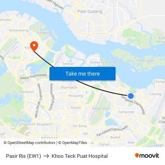 Pasir Ris (EW1) to Khoo Teck Puat Hospital map