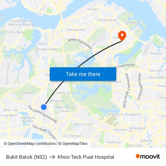 Bukit Batok (NS2) to Khoo Teck Puat Hospital map