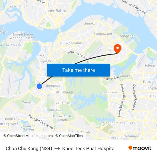 Choa Chu Kang (NS4) to Khoo Teck Puat Hospital map