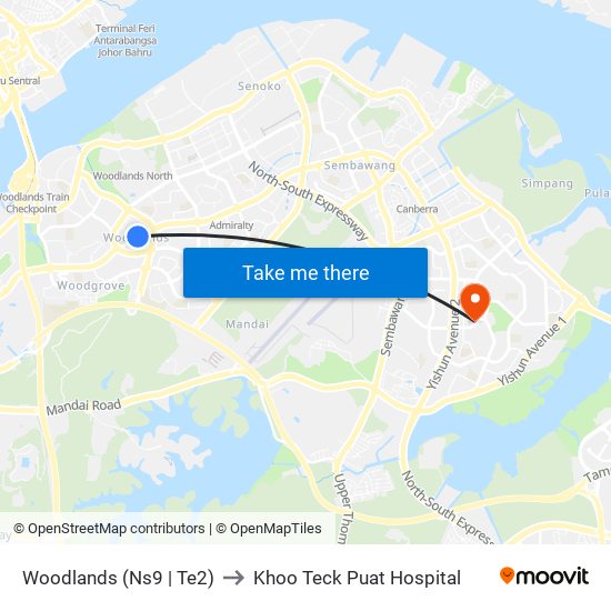 Woodlands (Ns9 | Te2) to Khoo Teck Puat Hospital map