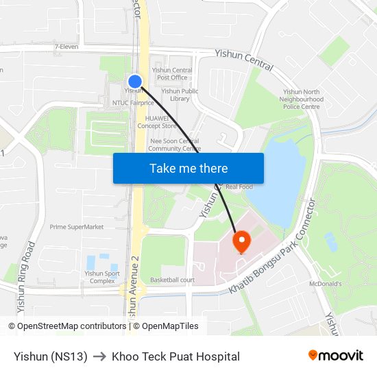 Yishun (NS13) to Khoo Teck Puat Hospital map