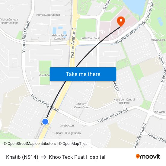 Khatib (NS14) to Khoo Teck Puat Hospital map