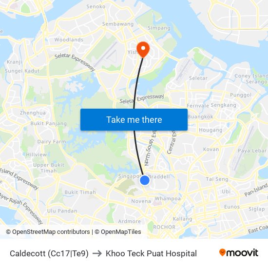Caldecott (Cc17|Te9) to Khoo Teck Puat Hospital map