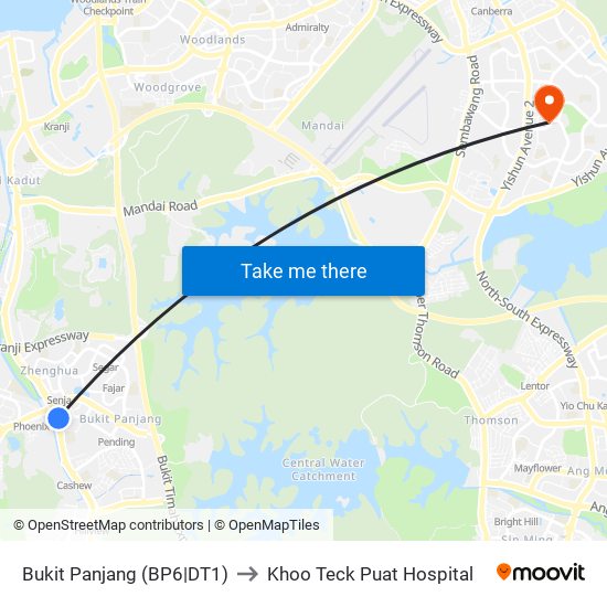 Bukit Panjang (BP6|DT1) to Khoo Teck Puat Hospital map