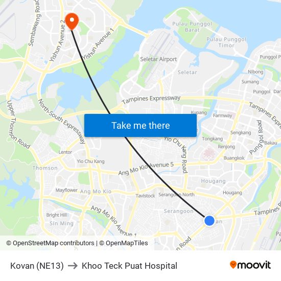 Kovan (NE13) to Khoo Teck Puat Hospital map