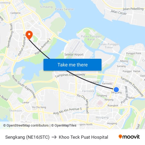 Sengkang (NE16|STC) to Khoo Teck Puat Hospital map