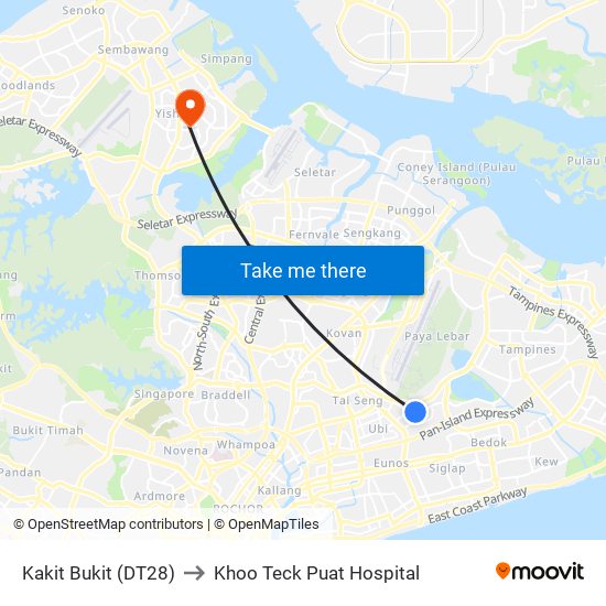 Kakit Bukit (DT28) to Khoo Teck Puat Hospital map