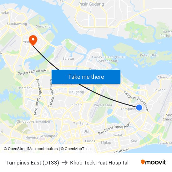 Tampines East (DT33) to Khoo Teck Puat Hospital map