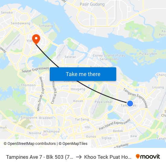 Tampines Ave 7 - Blk 503 (76199) to Khoo Teck Puat Hospital map