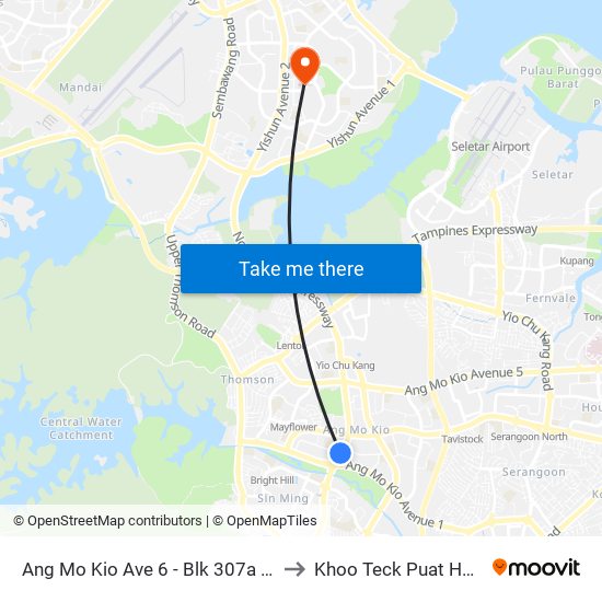Ang Mo Kio Ave 6 - Blk 307a (54019) to Khoo Teck Puat Hospital map