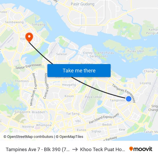 Tampines Ave 7 - Blk 390 (76239) to Khoo Teck Puat Hospital map