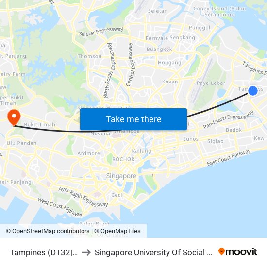 Tampines (DT32|EW2) to Singapore University Of Social Sciences map