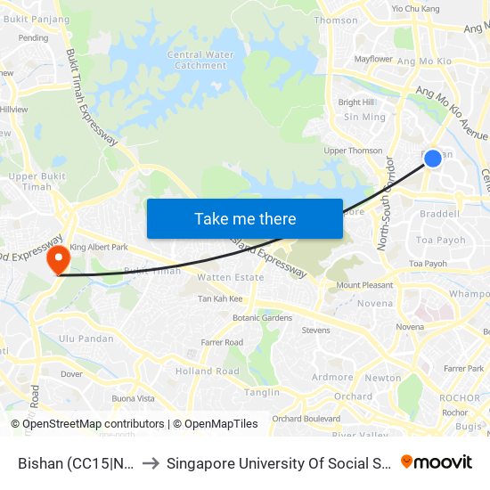 Bishan (CC15|NS17) to Singapore University Of Social Sciences map