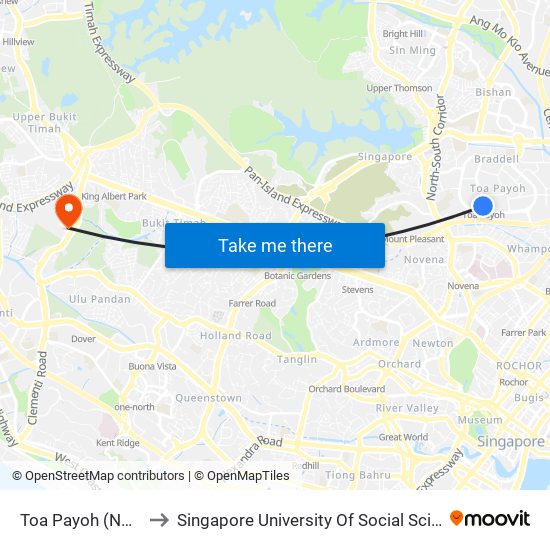 Toa Payoh (NS19) to Singapore University Of Social Sciences map