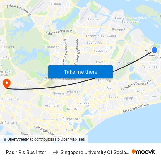 Pasir Ris Bus Interchange to Singapore University Of Social Sciences map