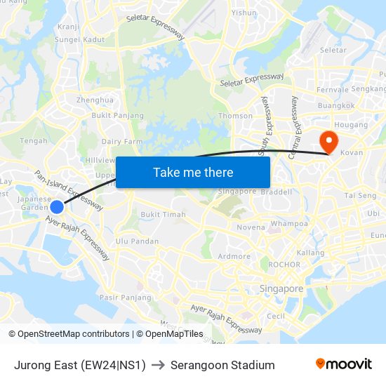Jurong East (EW24|NS1) to Serangoon Stadium map