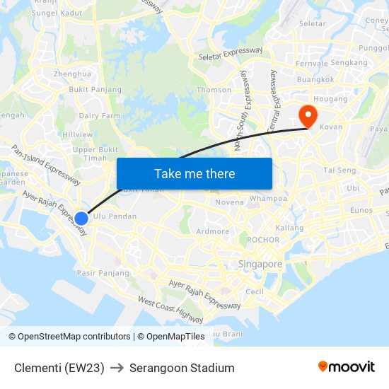 Clementi (EW23) to Serangoon Stadium map