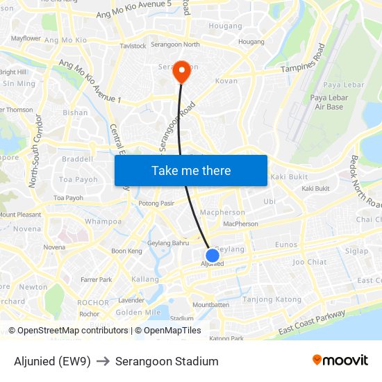 Aljunied (EW9) to Serangoon Stadium map