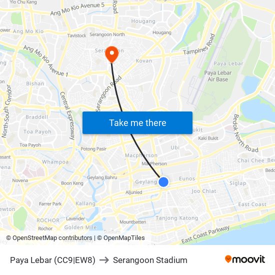 Paya Lebar (CC9|EW8) to Serangoon Stadium map