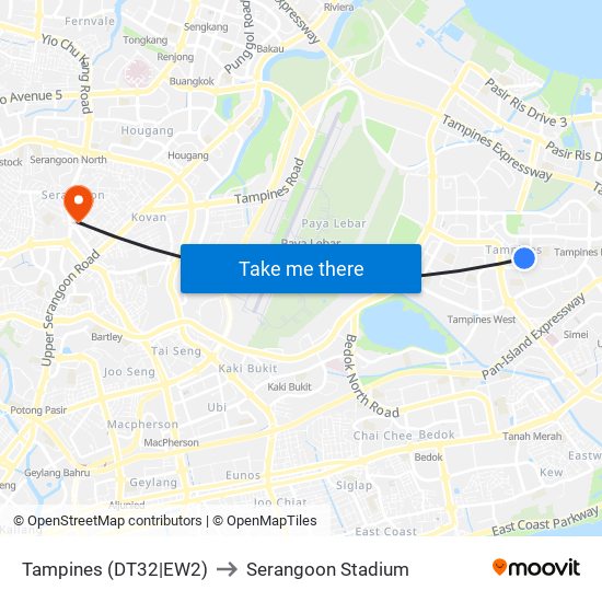 Tampines (DT32|EW2) to Serangoon Stadium map